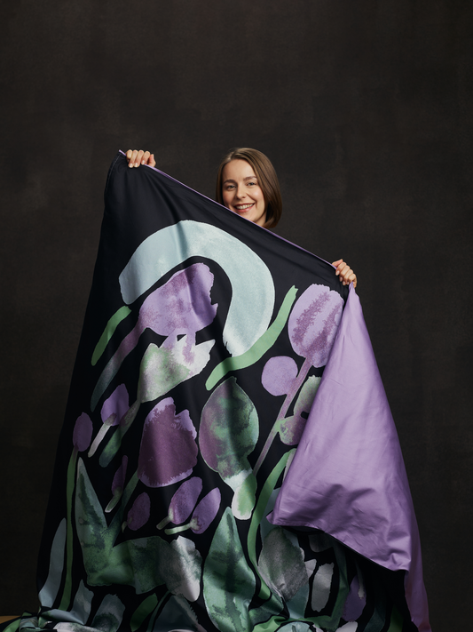 60712-5223-06-06; Finlayson Kumpula Satiinipussilakanasetti Violetti / Vihreä / Musta / 150x210 + 50x60 cm 